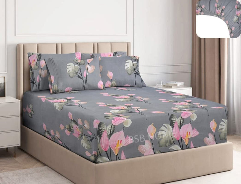 BSB HOME Cotton Feel Glace Cotton Elastic Fitted Printed King Size Double Bed Bedsheet with 2 Pillow Cover(78"x72"+10", Pink & Grey)