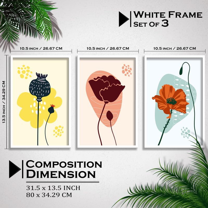 SAF paintings Set of 3 abstract flower Boho modern art design Premium white Framed Bohemian wall painting for for Wall, Home and Living Room Decoration 80 cms x 34.29 cms COMBO-2241-K3