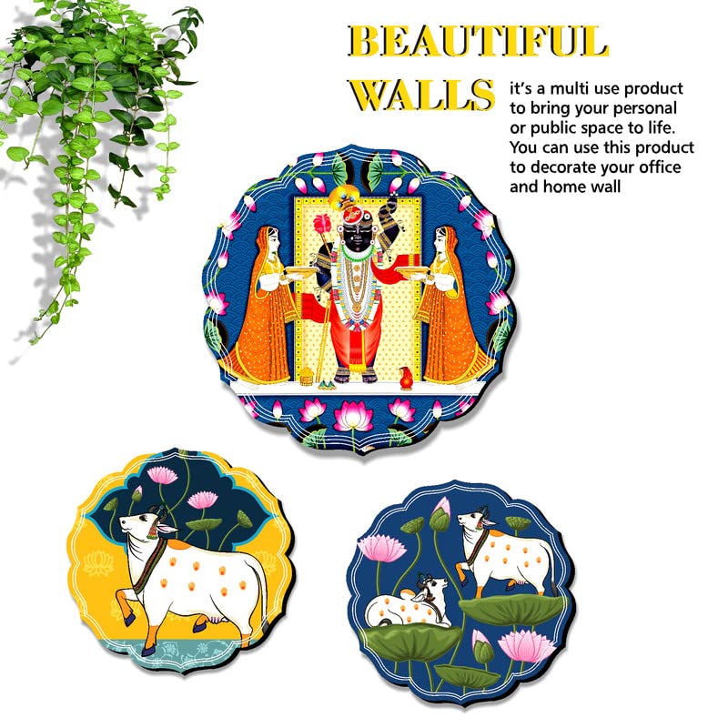 SAF Set of 3 Shrinath ji and cow pichwai modern art beautiful round shape wall painting for living room, home decoration, bedroom (1 Pc.-12 inch x 12 inch, 2 Pcs.- 8.5 inch x 8.5 inch) JLR44-S2L1