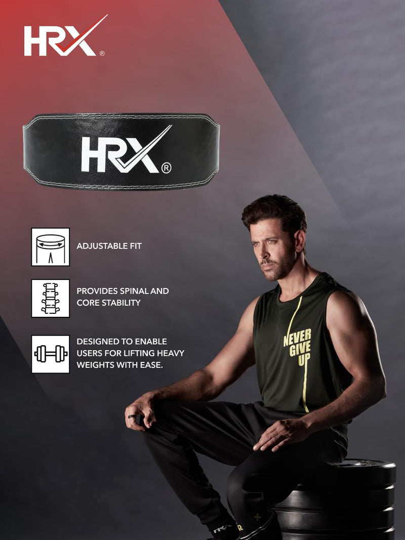 HRX Gym Belt for Weightlifting Workouts Deadlifts Powerlifts | Back Support for Exercise (HRGB01LEBKSL_Black_S)