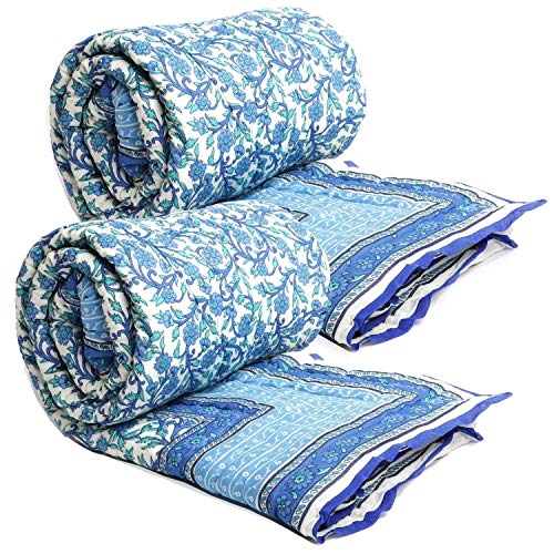 fashhub Jaipuri Light Weight Pure Cotton Traditional Rajasthani Print Blue Colour Single Bed Quilt/Razai/Rajai Pack of 2