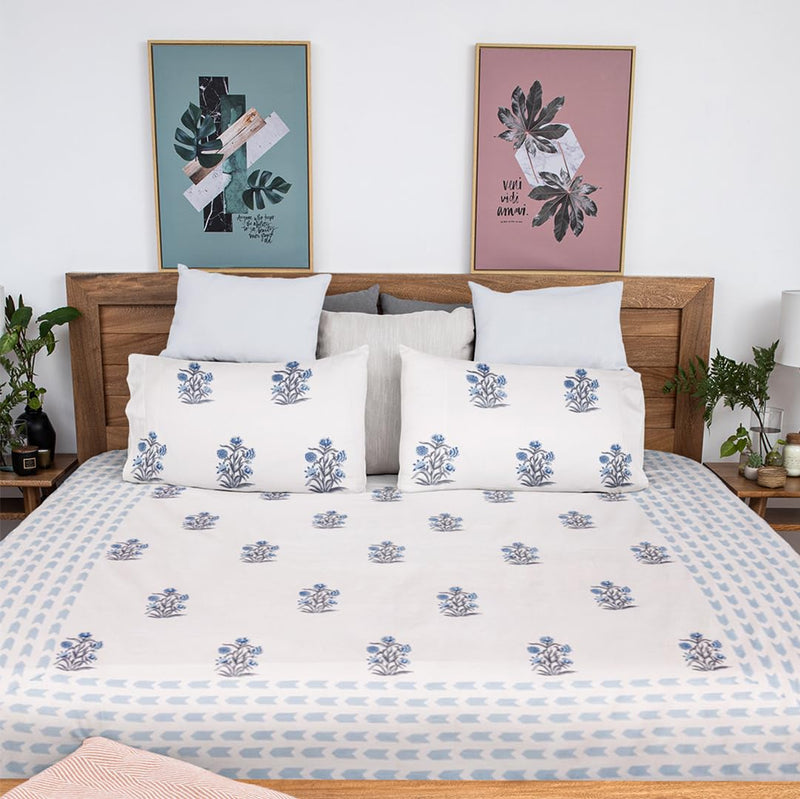 Baarno Aabi Handblock Print Bedsheet with 2 Pillow Covers Percale Cotton | 220 TC | Double bedsheet (90 * 108inches) | Color - White