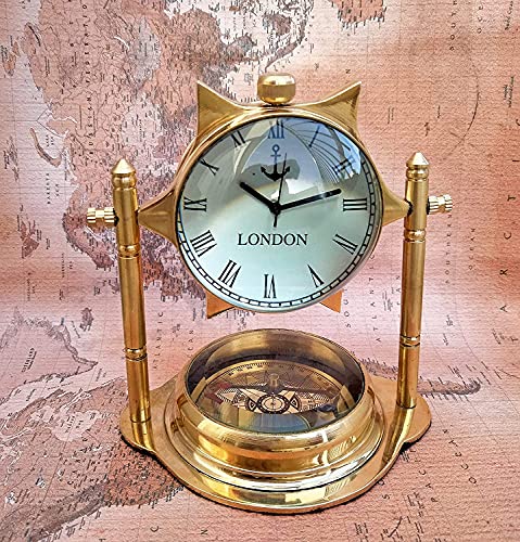 Delight Enterprises Brass Desk Clock Base Compass Star Dial Desktop Shelf Decorative