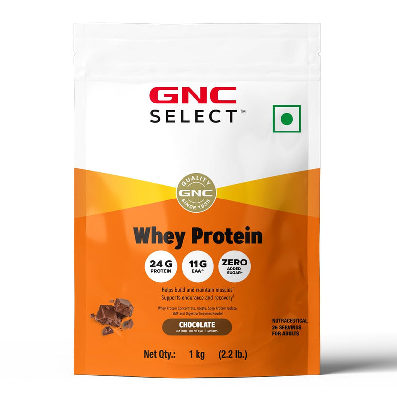 GNC Whey With Free Shaker | 2.2 LBS (1KG) | Chocolate | Digestive Enzyme For Better Digestion |24 Gm Protein| Faster Muscle Recovery | Boosts Strength & Endurance | Zero Added Sugar | Builds Lean Muscles | Formulated In USA | Imported