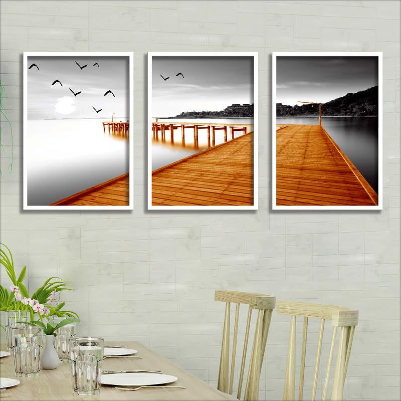 SAF paintings Set of 3 Water Bridge And Birds Wall Painting for Home Decoration SA-WHITEMX33603