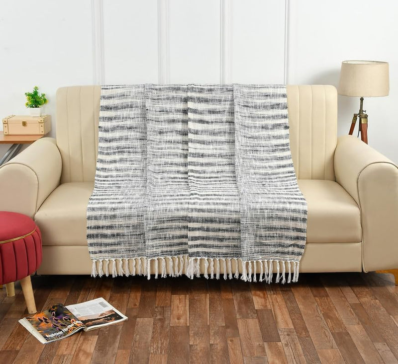 Fashion Throw 100% Cotton Handloom Throw Soft Blanket (FT_06) for Winter Warm Comforter/Throw | AC Blanket Sofa Couch Throw/Blanket_(50 x60 inch)_Black/White.