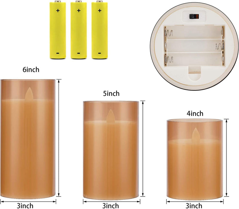 VEROX Flameless LED Candles with Golden Acrylic Glass, Remote Control and Timer - AA Battery-Powered for Home, Festival and Wedding Decor (Set of 3-3" D x 4", 5", 6" H)