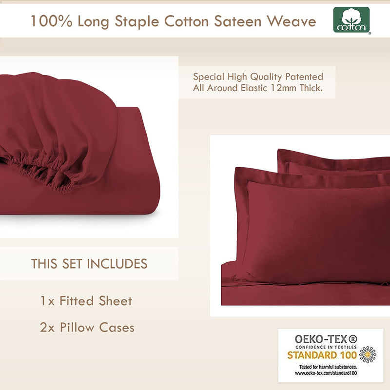 Pizuna 100% Cotton Fitted Bedsheets Queen Size, 400 Thread Count Long Staple Cotton SateenFitted Bedsheet 63x76 Inch with 2 Pillow Covers, Rio Red Queen Size Elastic Fitted Bedsheets fits 12 Inch