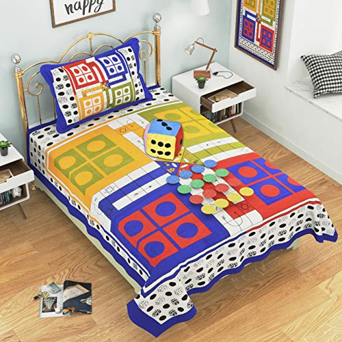 Fabture Cotton Ludo Print Bedsheet for Single Bed with Pillow Covers (Multicolour, Standard)