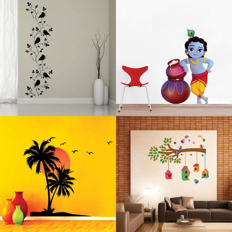 Walltech Combo of 4 Wall Sticker Bird Vine-(120 x 35 cms) | Cute bal Krishna makhan chor-(60 x 40 cms) | Beach with Sunset-(55 x 60 cms) | Bird House on a Branch-(90 x 75 cms) - Material Vinyl