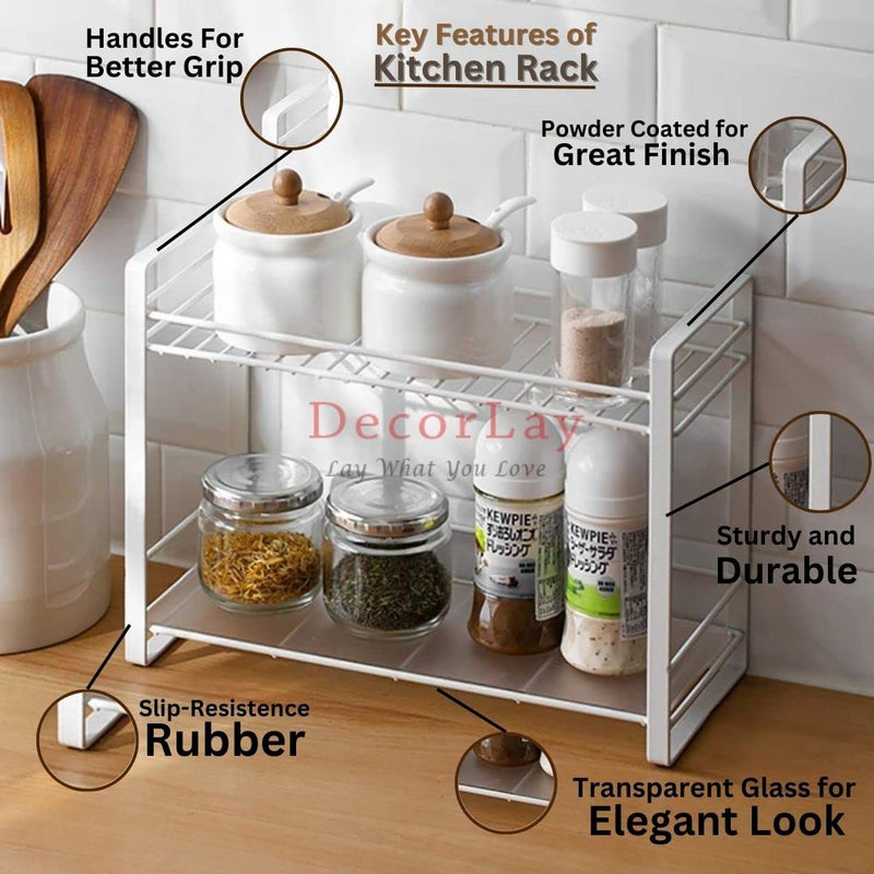 Decorlay Metal 2-Tier Kitchen Organizer Spice Rack Kitchen Cabinets | Bartan Stand | Jars and Bottle Holder | Storage Rack For Kitchen - White | Countertop, Tabletop