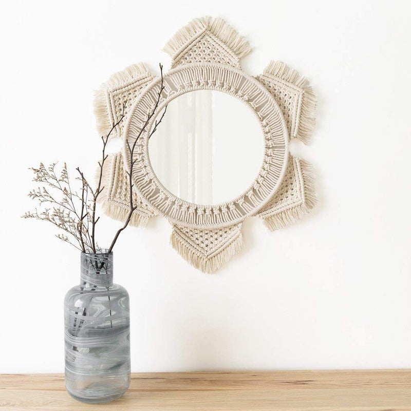 Waterlily House's Macrame Cotton Fringe Boho Round Hanging Wall Mirror (Off- White, Framed)