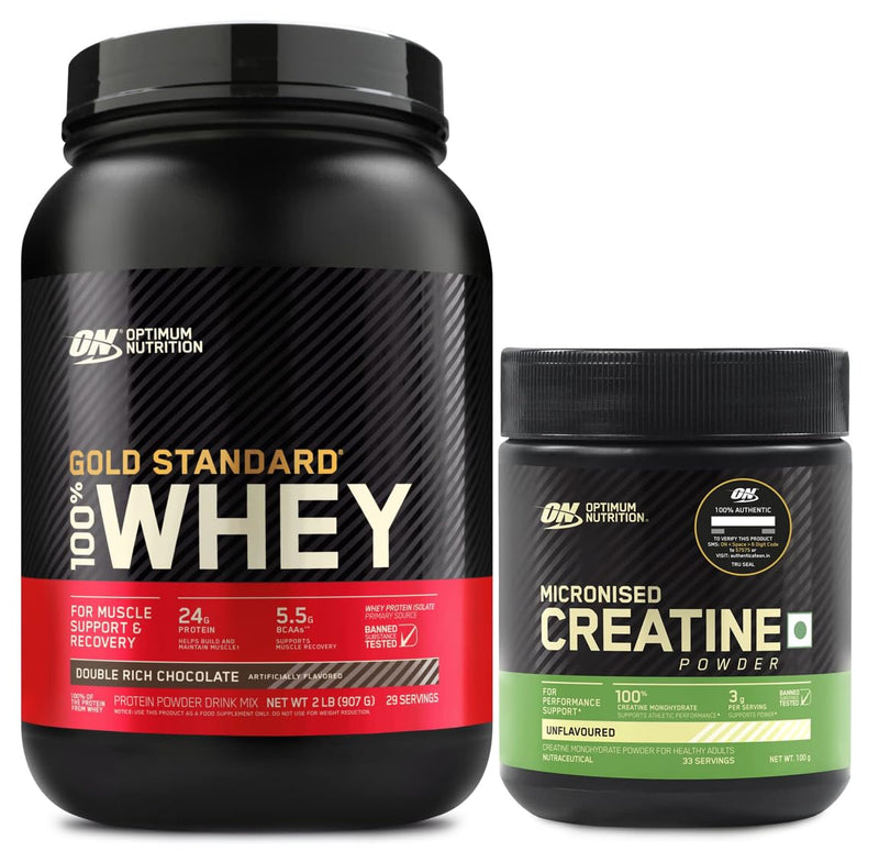 Optimum Nutrition (ON) Gold Standard 100% Whey (2 lbs/907 g) (Double Rich Chocolate) and Micronized Creatine Powder - 100 Gram, 33 Serves, 3g of 100% Creatine Monohydrate per serve