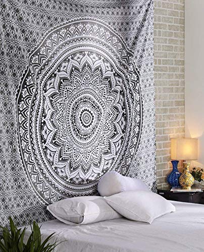 Raj Handicrafts Ombre Mandala Cotton Tapestries Throw Blanket (Black Grey, 84x54 Inches)