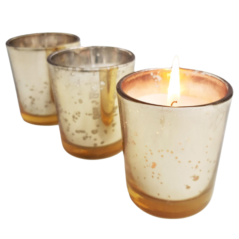 10Club Gold Glass Votive with Scented Soy Wax | Set of 3 Fragrances - Mogra, Sandalwood, Rose | 3hr Burn Time| Decorative Candles for Home, Festivities & Special Occasions