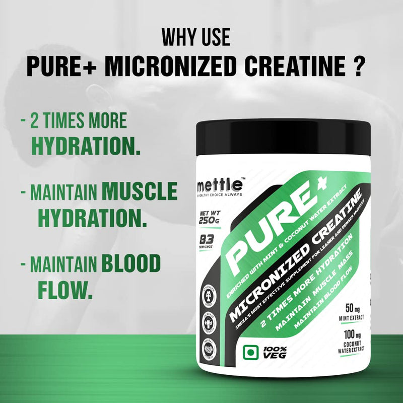 Mettle Pure+Micronized Creatine with Mint & Coconut Water Extract, 2 Times More Hydration | 50mg Mint Extract | 100mg Coconut Water Extract, (250g)