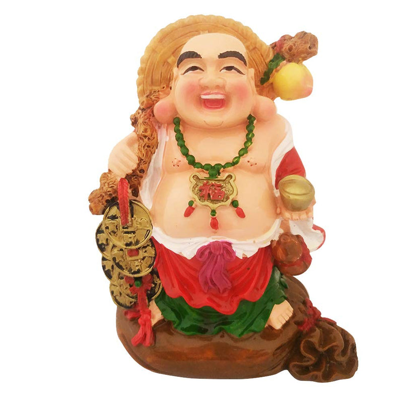 Divya Mantra Happy Man Laughing Buddha Holding Wealth Lucky Coins and Ingot Yuan Bao Statue for Attracting Money Prosperity Financial Luck Home Decor Gift