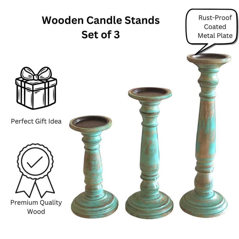 The RAAVYA Handmade Wooden Candle Stand Set of 3 | Candle Holders for Dining | Wooden Stands for Living Room (Green)