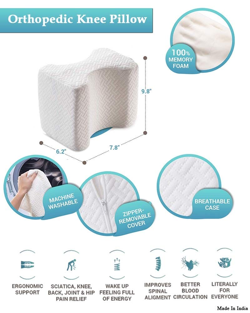 Orthopedic Memory Foam Knee Pain Pillow for Sciatica Relief,Back Pain,Leg Pain, Pregnancy,Hip and Joint Pain Knee Pain Pillow With Removable Leg Strap With pillow cover Jersey Cotton(9.5"L x 8"W x4"H)