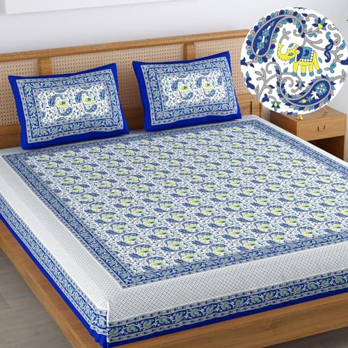 RAJASTHANIKRAFT II 100% Cotton Elephant Printed Cotton Blend (Sanganeri) Jaipuri Traditional Fantasy 120 TC for Double Bed King Size Bedsheet with 2 Pillow Covers