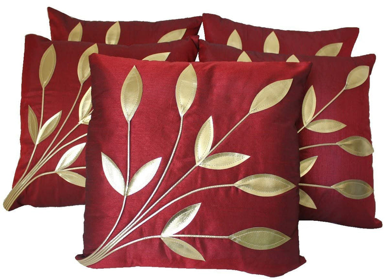 CIDIZY Maroon Silk Golden Floral Cushion Cover, 16 x 16 Inch, Set of 5