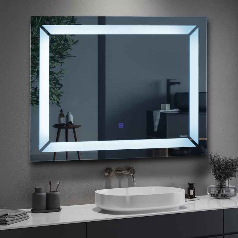 Crystal Indian Decorative Glass Led Rectangle Wall Mounted Washroom Mirror with Triple Light with Horizontal Design Unframed (24X24)