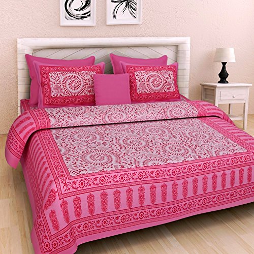 RAJASTHANIKRAFT II 100% Cotton Traditional Aadimanav Printed Cotton Jaipuri 144 TC for Double Bed King Size Bedsheet with 2 Pillow Covers (Pink, Double)