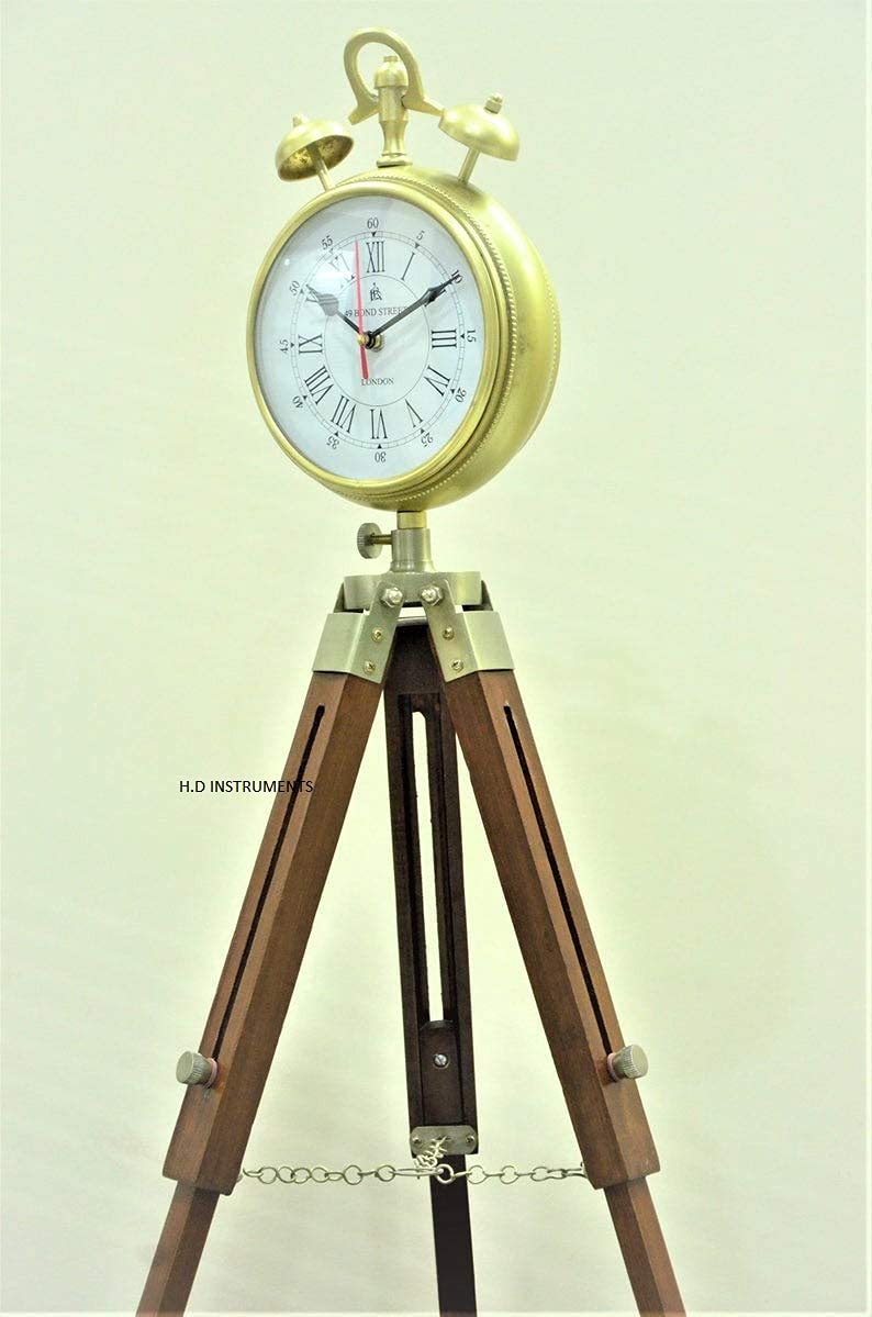 Decor Instruments Two Bell Handmade Designer Wood and Metal Clock with Adjustable Wooden Tripod Home and Office Decor