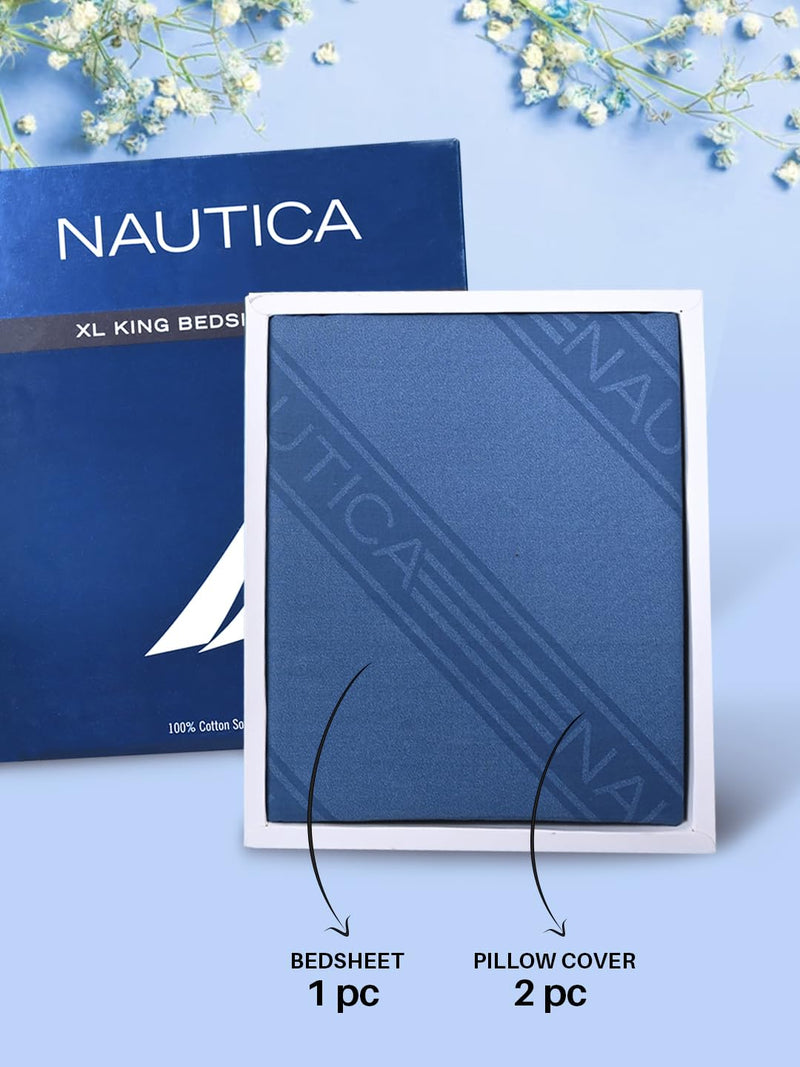 NAUTICA Super Soft 100% Cotton King Bedsheet and 2 Pillow Covers -3pc Set (Bristol) | Nautica Bedtime Bliss Gift Box | 1pc 160 TC King Size Bedsheet + 2pc Pillow Cover for Gifting Stripe-Navy