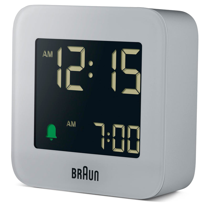 Braun Digital Travel Alarm Clock with Snooze, Compact Size, Negative LCD Display, Quick Set,Crescendo Beep Alarm in Grey, Model BC08G.