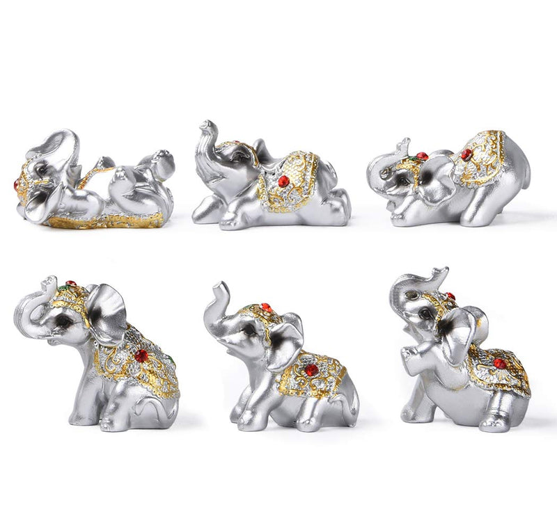 Silver Resin Small Elephants Statues Home Decor Collection Gift Set of 6 BS122 (Silver)