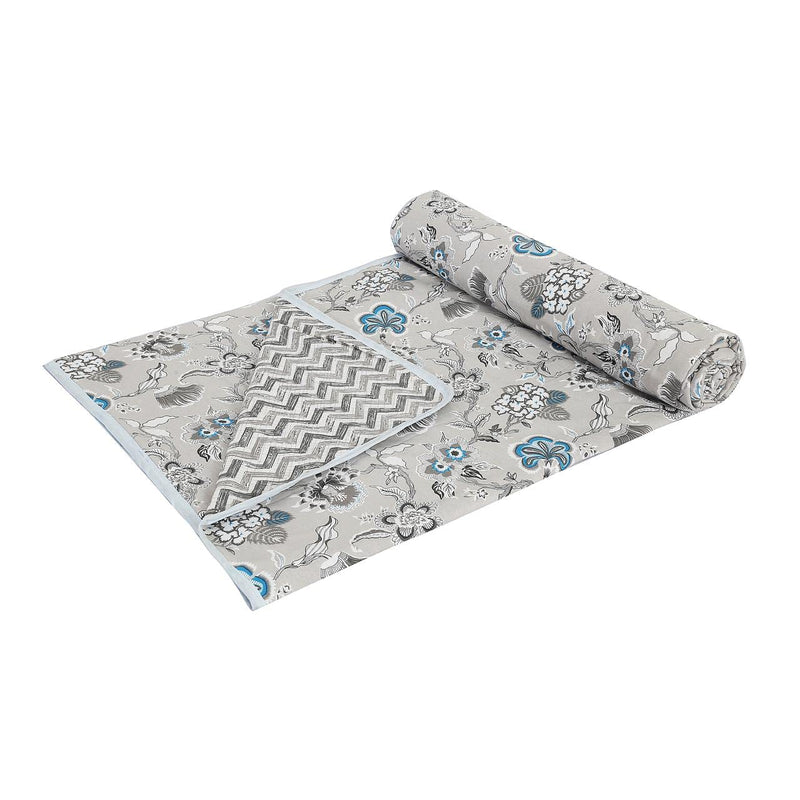 BLACKBULLS Pure Cotton Reversible Ac Dohar Single Bed Size Dohar | Summer Special Dohar | Quilt| Cotton Dohar | Soft Ac Living Room Blanket, Grey Floral, 85x55 Inches