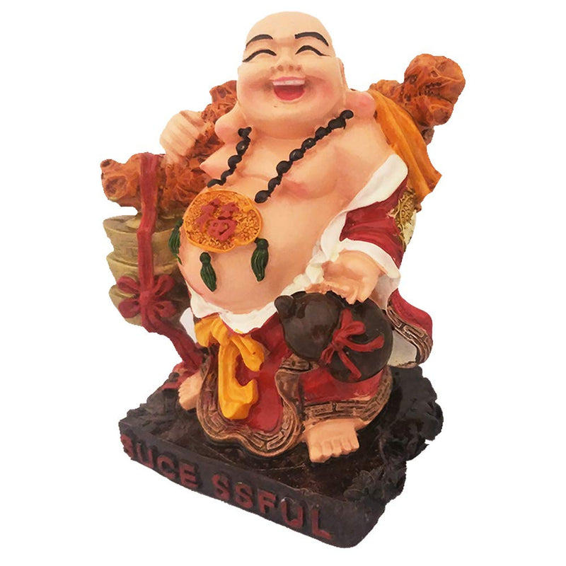 Divya Mantra Happy Man Laughing Buddha Holding Wealth Lucky Coins and Ingot Yuan Bao Statue for Attracting Money Prosperity Financial Luck Home Decor Gift