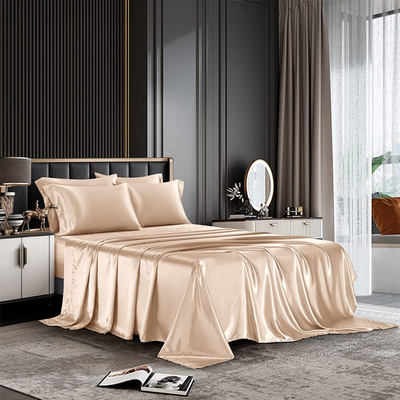 AiMay 6 Piece Bed Sheet Set Deep Pocket Luxury Rich Silk Satin Silky Super Soft Solid Color Hypoallergenic Reversible Stain-Resistant Wrinkle Free (King, Khaki)