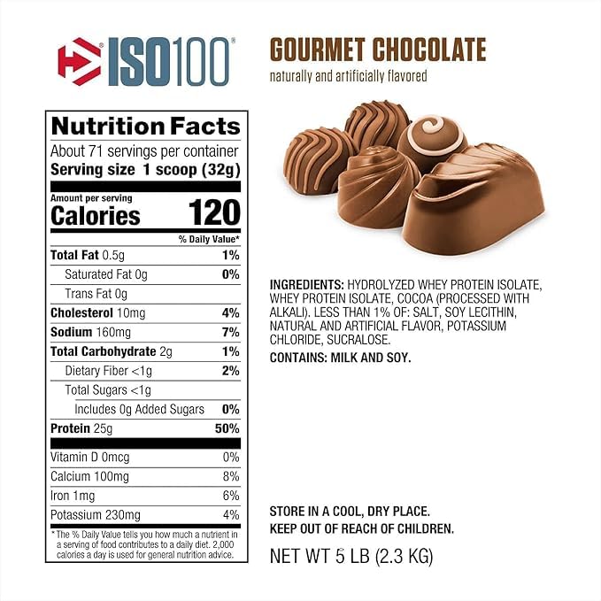 Iso 100 Whey Protein Powder with Hydrolyzed 100% Whey Protein Isolate 5lb Netwt 2.3kg (Gourmet Chocolate)