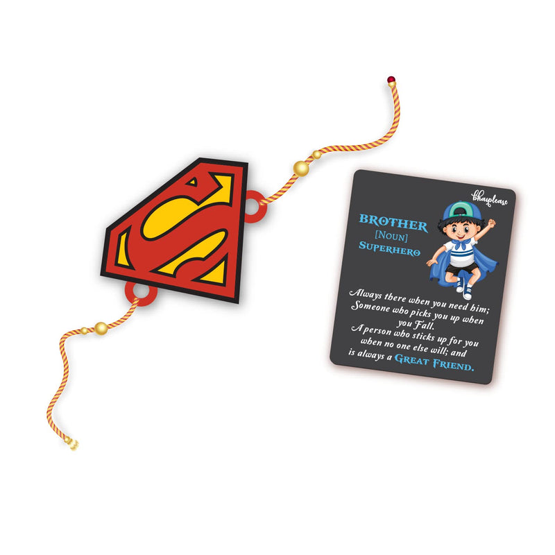 Bhai Please Superman Wooden Rakhi with Brother is Superhero Fridge Magnet (Gift Combo for Bhai/Bhaiya) | Set of 1 pc Rakhi with Roli- Chawal and Fridge Magnet | With Raksha Bandhan Greetings