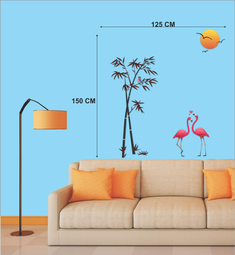 Walltech Combo of 4 Wall Sticker Designer om-(50 x 50 cms) | Elegant Orange Deer and Tree-(92 x 93 cms) | Family Tree-(185 x 122 cms) | Flamingos and Bamboo-(150 x 125 cms) - Material Vinyl