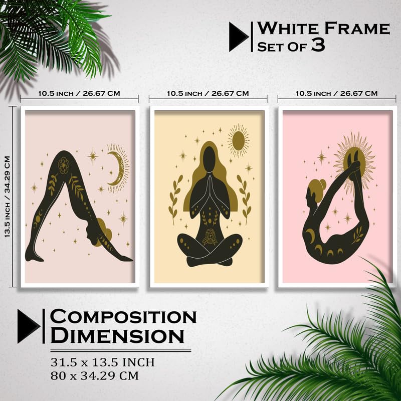 SAF paintings Set of 3 lady doing Yoga modern art design Premium white Framed Bohemian wall painting for for Wall, Home and Living Room Decoration 80 cms x 34.29 cms COMBO-2147-K3