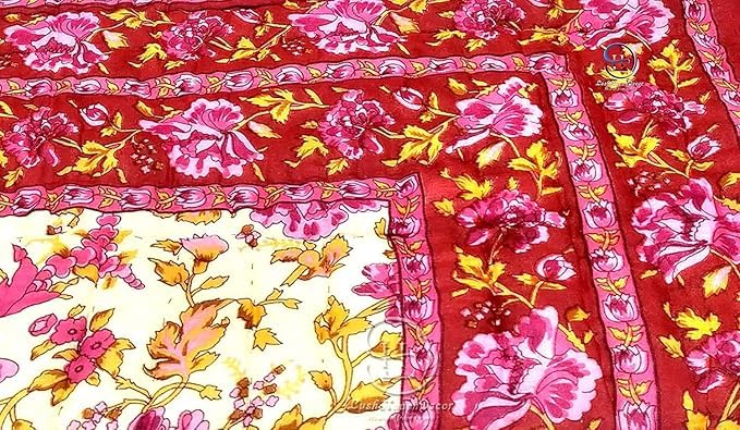 fashhub Jaipuri Lightweight Pure Cotton Traditional Rajasthani Print Quilt | Rajai/Razai | Garden Flower Beige and Pink | Single Bed Set of 2