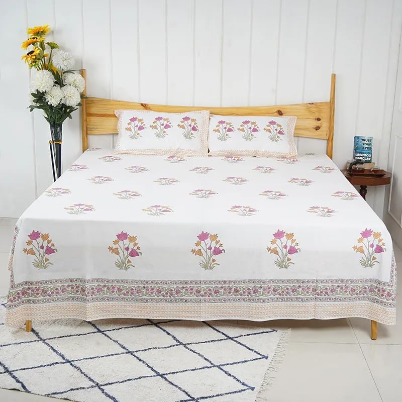 THE JAIPUR WALA Hand Block Printed Pure Cotton Bedsheet-Set White Valley King Size