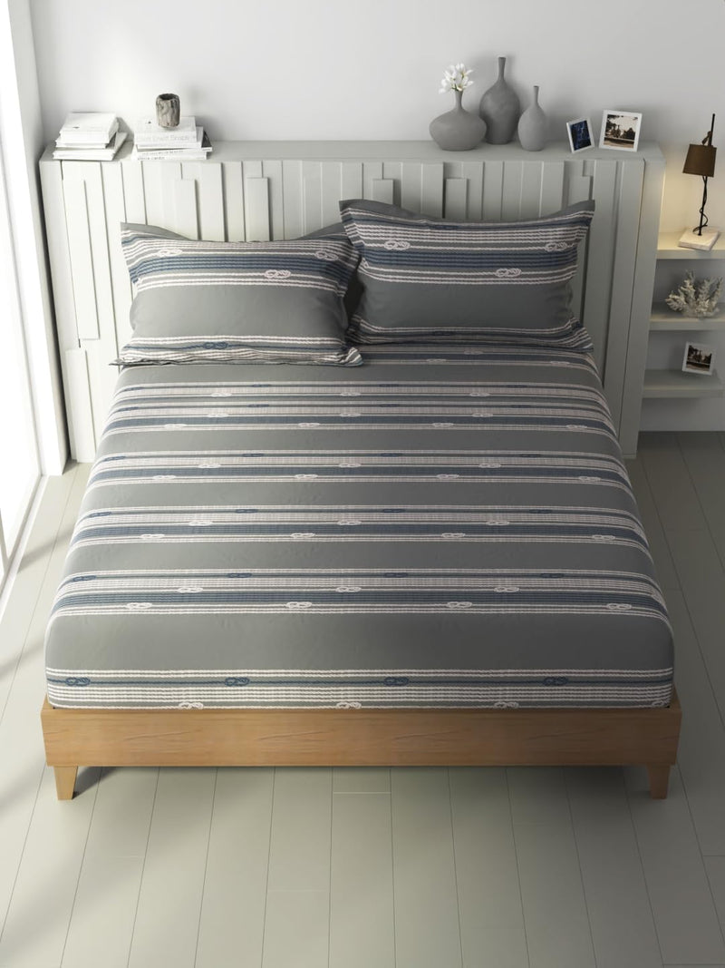 NAUTICA Cotton King Bedsheet with 2 Pillow Covers -3pc set (ocean view) ornamental-grey/blue