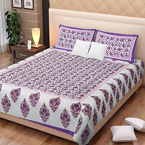 Pure Cotton Sanganeri Printed Jaipuri Bedsheet for Double Bed Queen Size with 2 Pillow Covers 260Thread Count (Purple White)