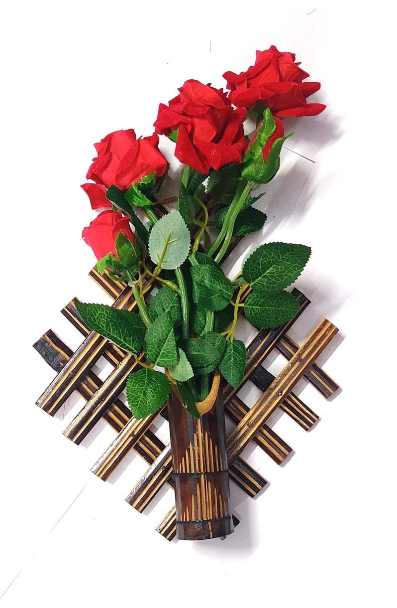 ARMAN SPOONS - Believe in Quality Royals Handmade Bamboo and Red Rose Wall Hanging Flower Vases (Small, Yellow) - 2 Piece Set ,Bamboo, Bamboo, Bamboo,Plastic