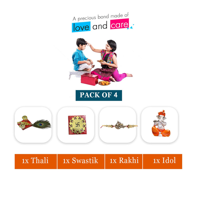 Xtore Rakhi with Ganesha Idol Combo Set | Ganesha Idol Figurine | 1 Ganesha Idol, 1 Rakhi, 1 Swastik, 1 Thali (Pack of 4, Multi)