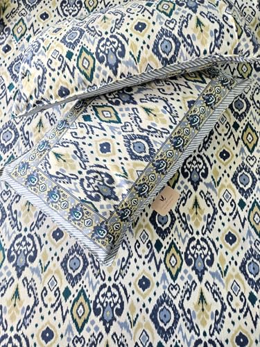 Feels Like Home 240 TC 100% Cotton Super King Size Bedsheet, 1 Bedsheet and 2 Pillow Covers, Block Printed, Olyander Collection - Blue Ikkat Print,108 x 108 Inch, Jaipuri Bedsheet