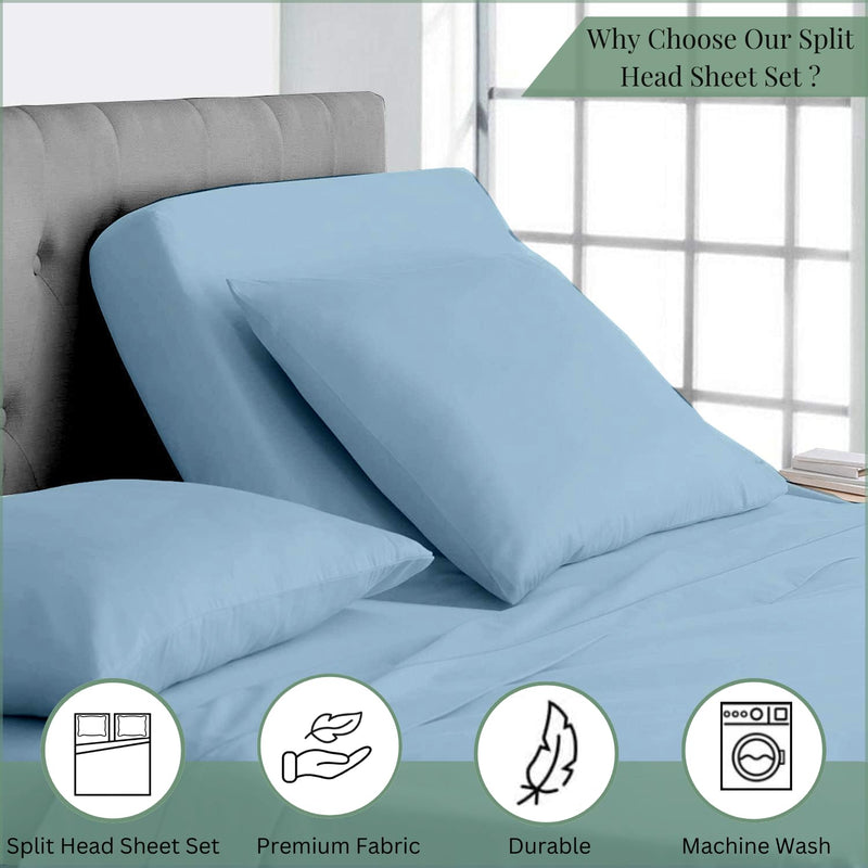 Top split king sheets sets for adjustable beds, Half split king sheet sets for adjustable beds deep pocket, 34" Split Top king Sheets 400 Thread Count 100% Cotton (Half Split Fitted), Light Blue Solid