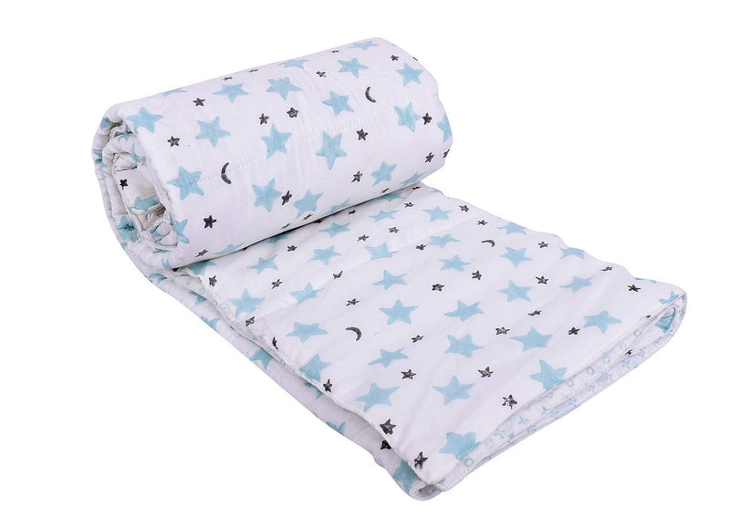 MOM'S HOME Cotton Quilt Blanket Cum Bedspread for Baby (110 x 120 cm; 0-3 Years) - Blue Star