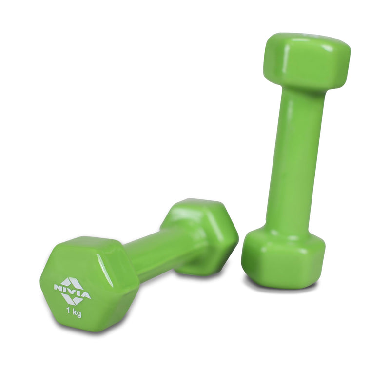 Nivia Vinyl Dumbbells for Hand Weights, Strength Training, Full Body Workout, Weight Loss & Exercise, Fitness Training, For Men & Women for Home Workouts, and Gym Equipment Set of 1 Kg Dumbbells (Green)