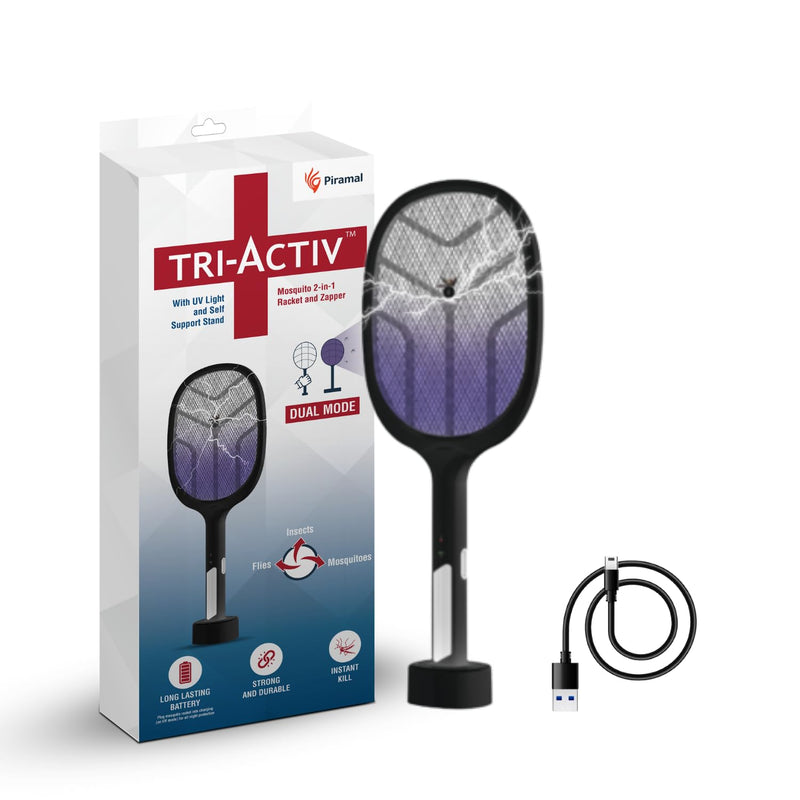 Tri-Activ Mosquito Racket I 2-in-1 Rechargable Bat + Zapper by Piramal I UV Light & Self-Supporting Stand I Insect Killer & Fly Swatter I 1200 mAh Li-ion Battery (Black)