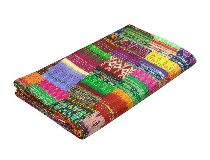 KERYAP Patola Silk Patch Work 90X 108-inch Kantha Quilt Blanket Bedspread -King Size, Multicolour